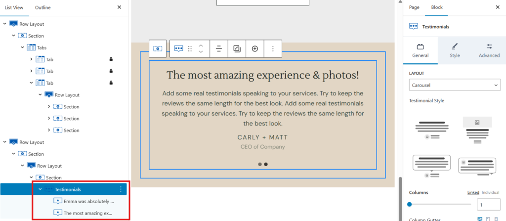 This content block uses the Testimonials block.